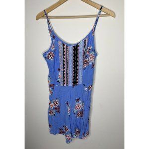 Lily Rose Floral Romper Womens Junior Size Large Spaghetti Strap Pockets Blue